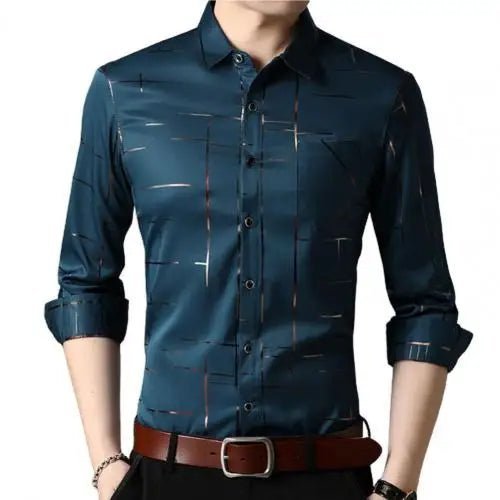 Camisas masculinas de alta qualidade manga longa magro negócios casual camisa turn down collar listras single - breasted - PrimeImpérios