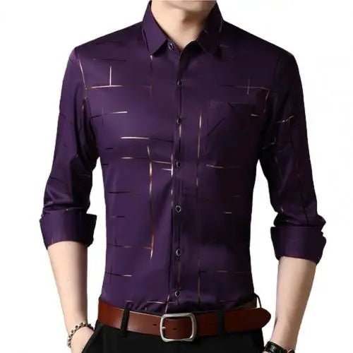 Camisas masculinas de alta qualidade manga longa magro negócios casual camisa turn down collar listras single - breasted - PrimeImpérios