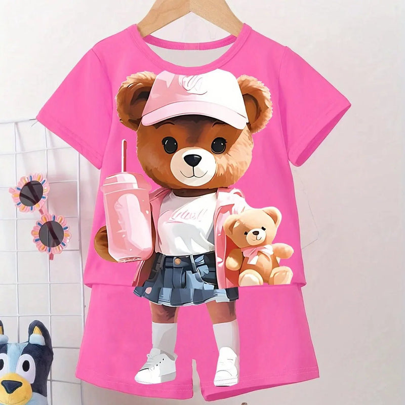 Crianças roupas 2 pçs meninos diversão dos desenhos animados urso impressão, manga curta camiseta e shorts, verão meninos ativos completo olhar elegante - PrimeImpérios