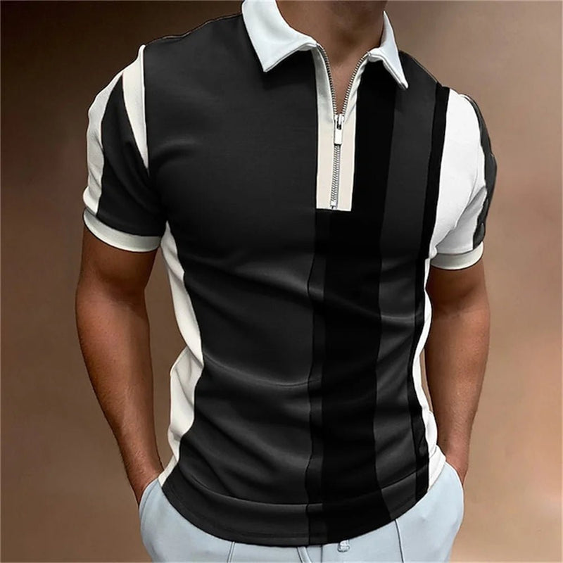 Camisa polo masculina listrada manga curta camiseta masculina respirável tops negócios gola virada para baixo streetwear marca de luxo de alta qualidade - PrimeImpérios