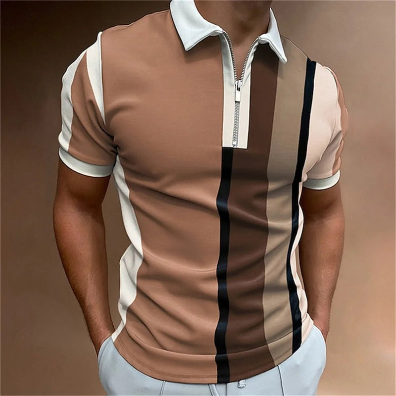 Camisa polo masculina listrada manga curta camiseta masculina respirável tops negócios gola virada para baixo streetwear marca de luxo de alta qualidade - PrimeImpérios