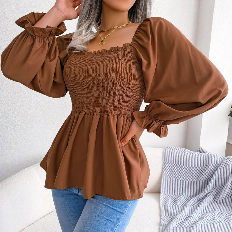 Blusa feminina chiffon, manga comprida casual babados peplum top - PrimeImpérios