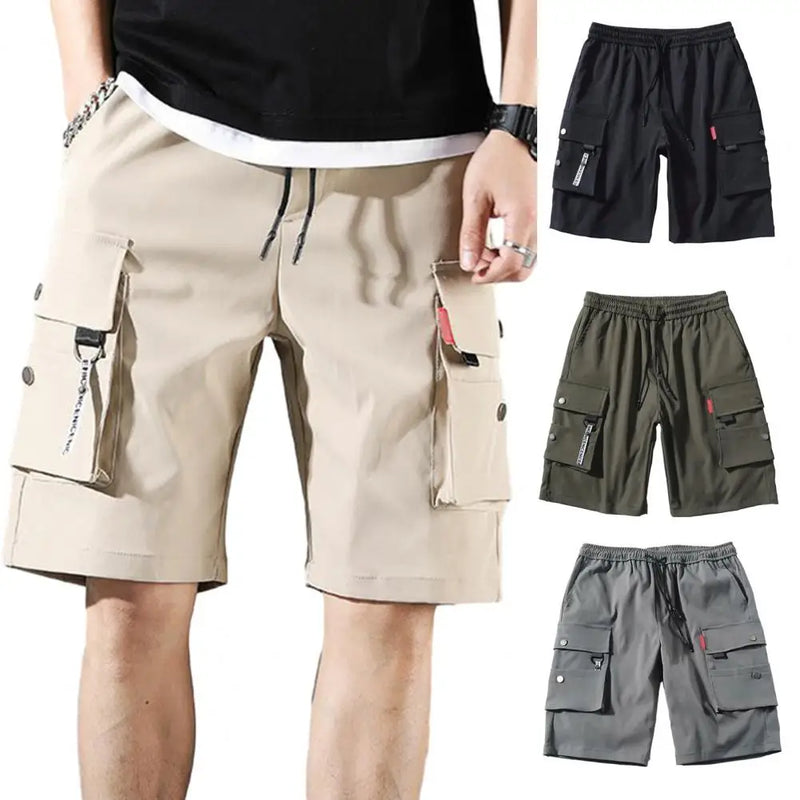 Shorts cargo masculino, cor sólida, vários bolsos, calças curtas, verão, cintura elástica, cordão cargo, shorts casuais masculinos