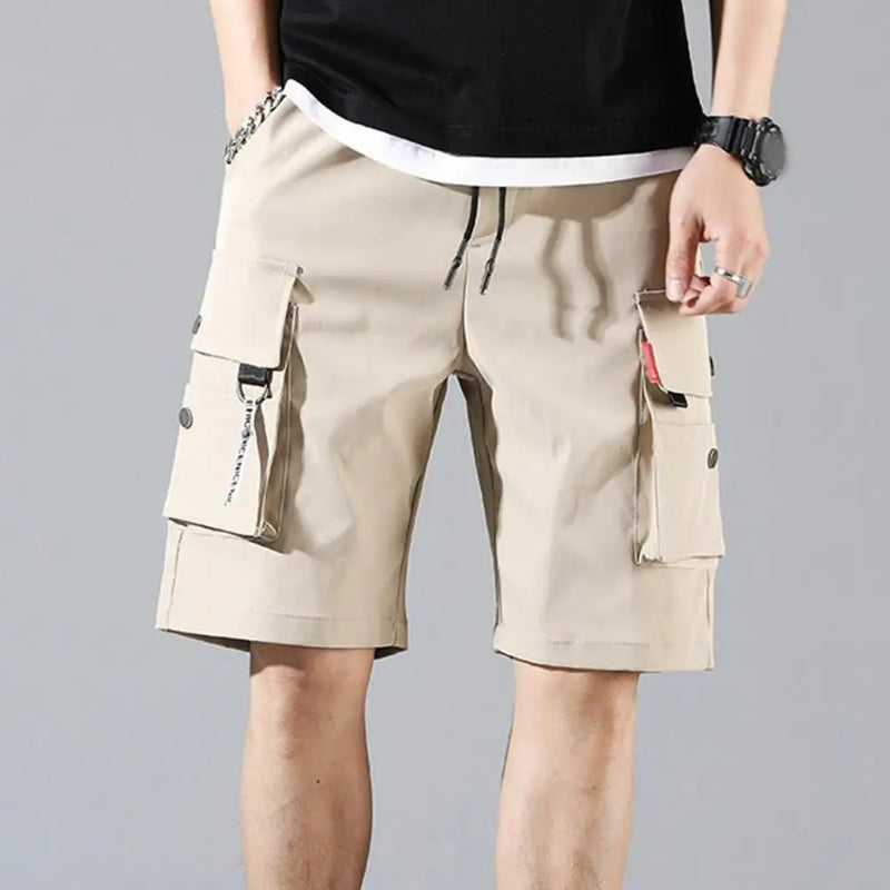 Shorts cargo masculino, cor sólida, vários bolsos, calças curtas, verão, cintura elástica, cordão cargo, shorts casuais masculinos