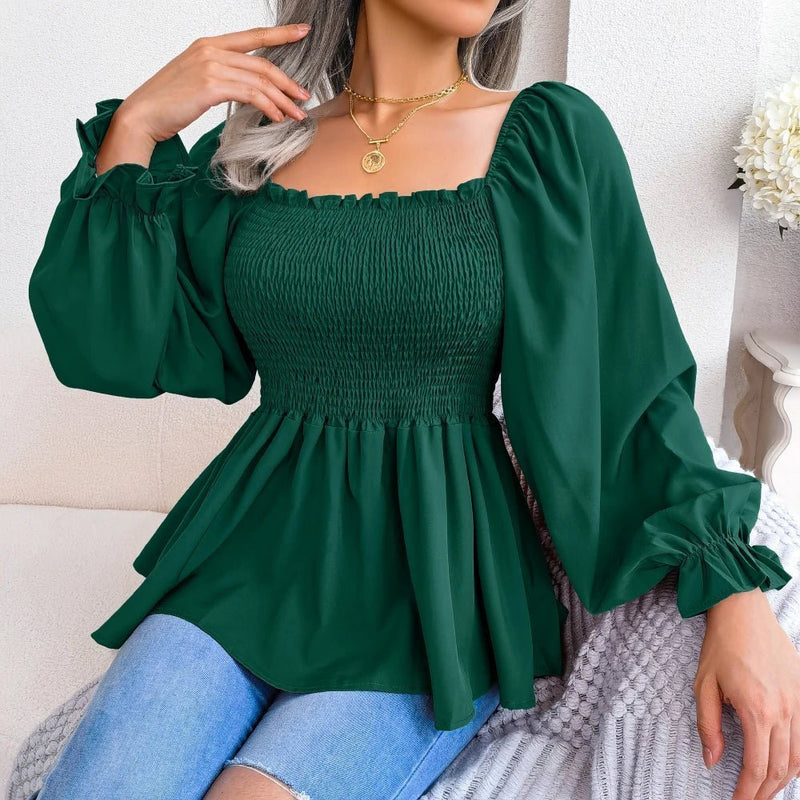 Blusa feminina chiffon, manga comprida casual babados peplum top - PrimeImpérios