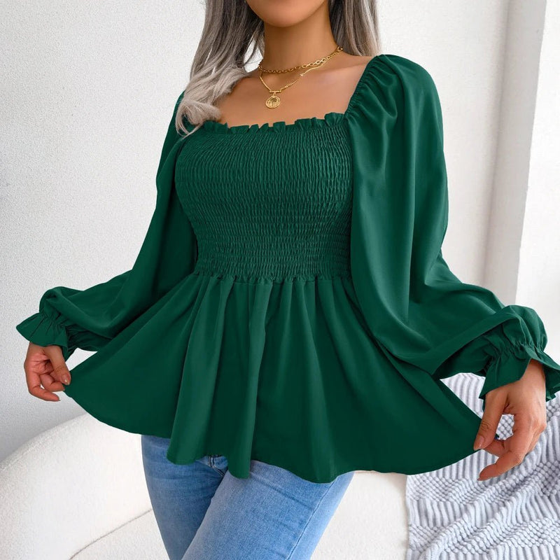 Blusa feminina chiffon, manga comprida casual babados peplum top - PrimeImpérios