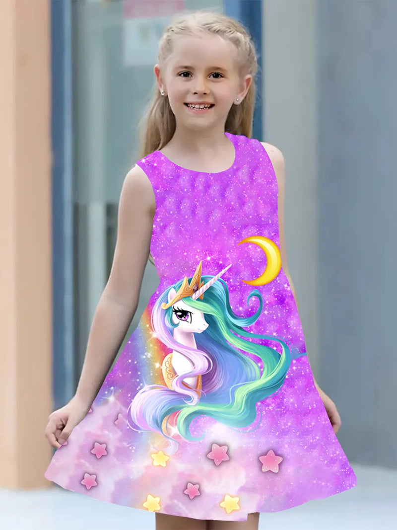 Vestido para meninas , roupas infantis casuais sem mangas com estampa 3d, vestido de princesa unicórnio para meninas de 2 a 7 anos