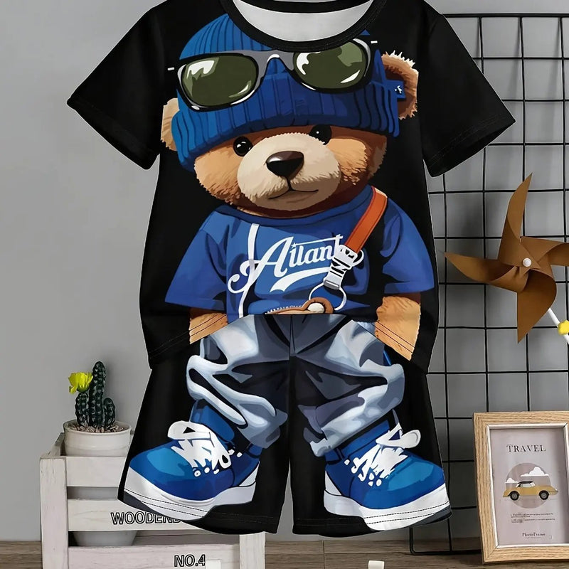 Crianças roupas 2 pçs meninos diversão dos desenhos animados urso impressão, manga curta camiseta e shorts, verão meninos ativos completo olhar elegante - PrimeImpérios