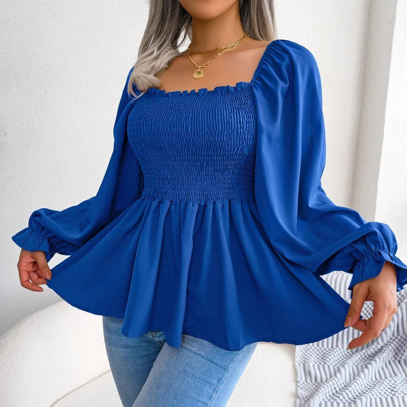 Blusa feminina chiffon, manga comprida casual babados peplum top - PrimeImpérios