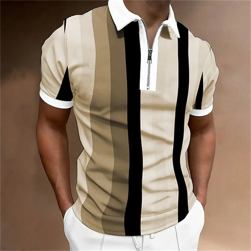 Camisa polo masculina listrada manga curta camiseta masculina respirável tops negócios gola virada para baixo streetwear marca de luxo de alta qualidade - PrimeImpérios