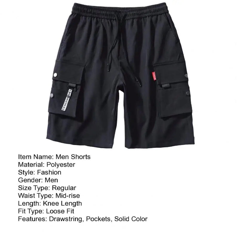 Shorts cargo masculino, cor sólida, vários bolsos, calças curtas, verão, cintura elástica, cordão cargo, shorts casuais masculinos