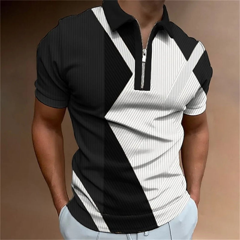 Camisa polo masculina listrada manga curta camiseta masculina respirável tops negócios gola virada para baixo streetwear marca de luxo de alta qualidade - PrimeImpérios