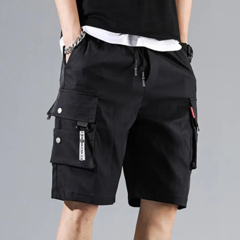 Shorts cargo masculino, cor sólida, vários bolsos, calças curtas, verão, cintura elástica, cordão cargo, shorts casuais masculinos