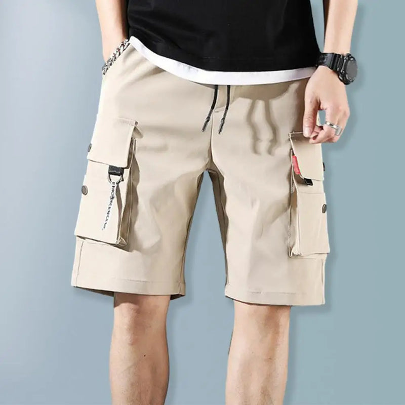 Shorts cargo masculino, cor sólida, vários bolsos, calças curtas, verão, cintura elástica, cordão cargo, shorts casuais masculinos