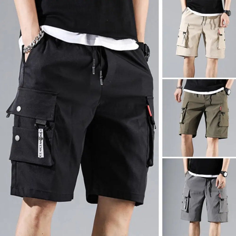 Shorts cargo masculino, cor sólida, vários bolsos, calças curtas, verão, cintura elástica, cordão cargo, shorts casuais masculinos