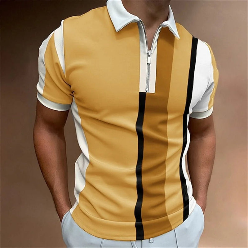 Camisa polo masculina listrada manga curta camiseta masculina respirável tops negócios gola virada para baixo streetwear marca de luxo de alta qualidade - PrimeImpérios