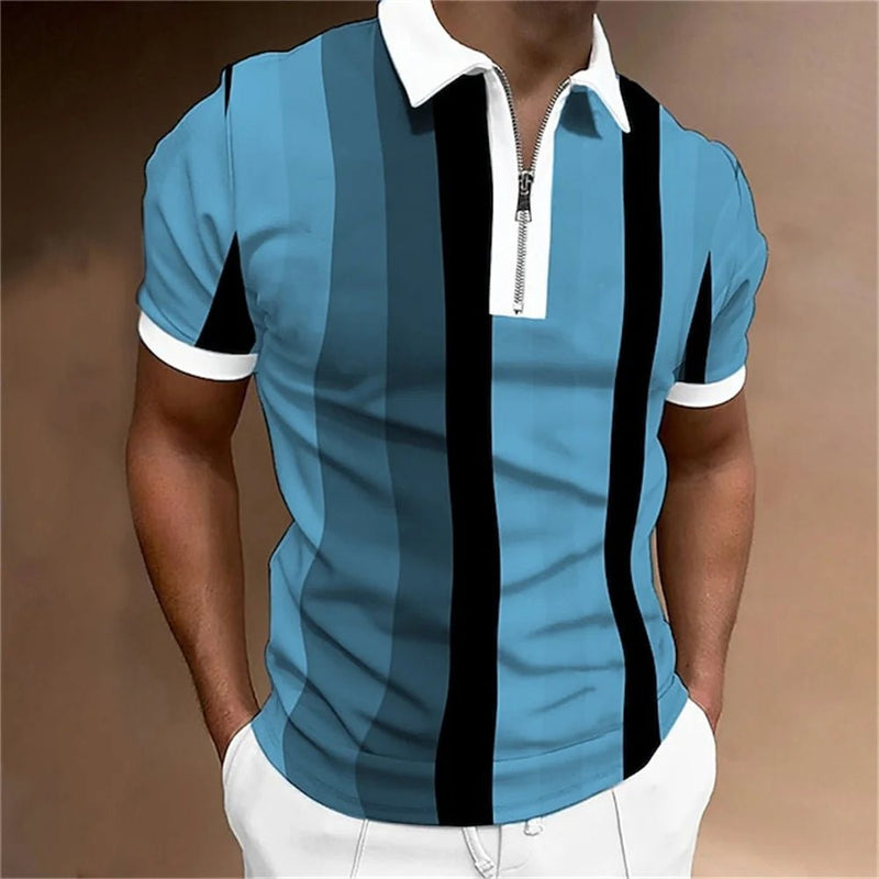 Camisa polo masculina listrada manga curta camiseta masculina respirável tops negócios gola virada para baixo streetwear marca de luxo de alta qualidade - PrimeImpérios