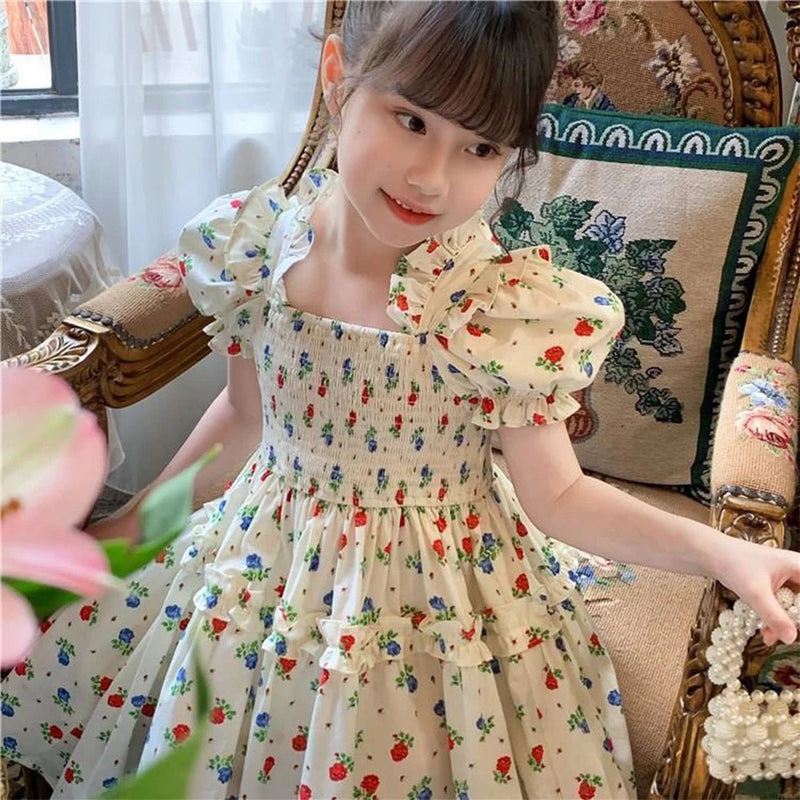 Doce flor meninas vestido de princesa verão puff manga floral menina vestidos casuais nova moda de roupas infantis - PrimeImpérios