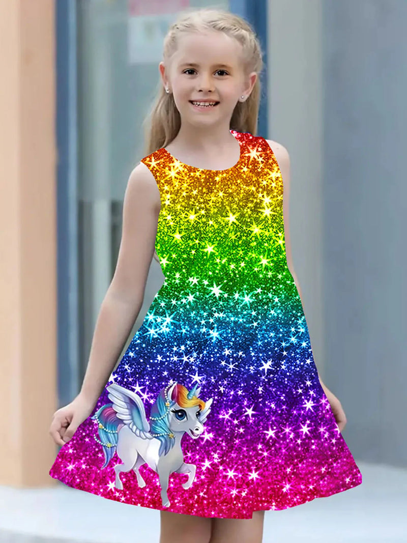 Vestido para meninas , roupas infantis casuais sem mangas com estampa 3d, vestido de princesa unicórnio para meninas de 2 a 7 anos