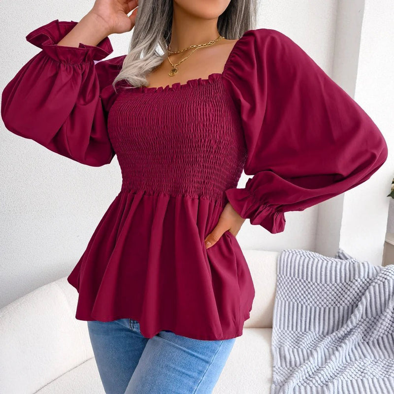 Blusa feminina chiffon, manga comprida casual babados peplum top - PrimeImpérios