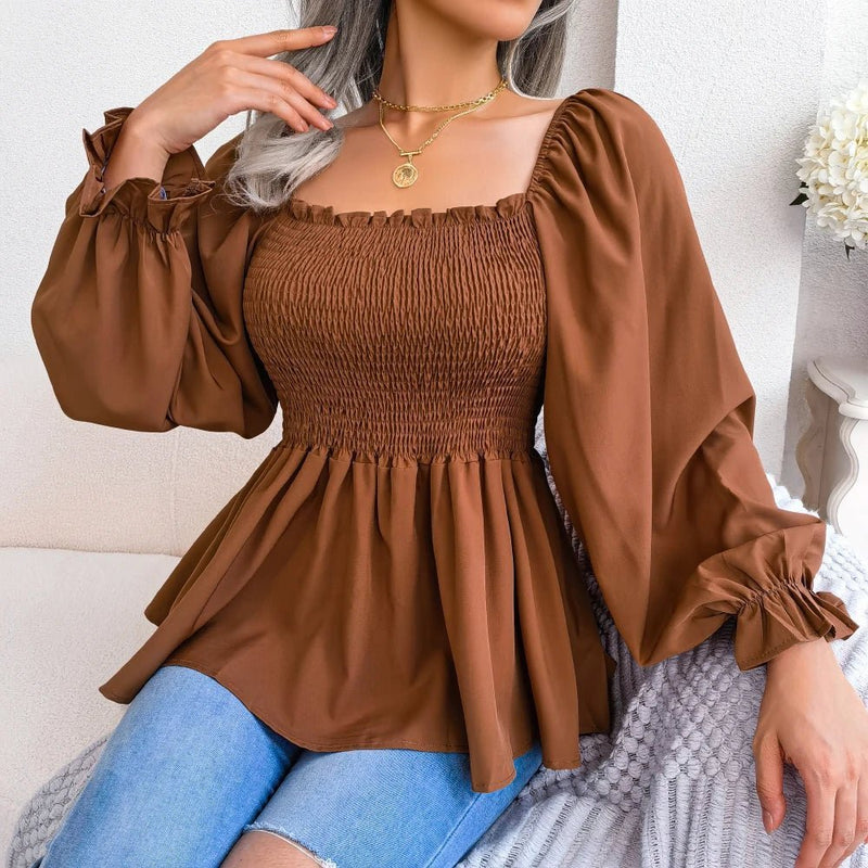 Blusa feminina chiffon, manga comprida casual babados peplum top - PrimeImpérios