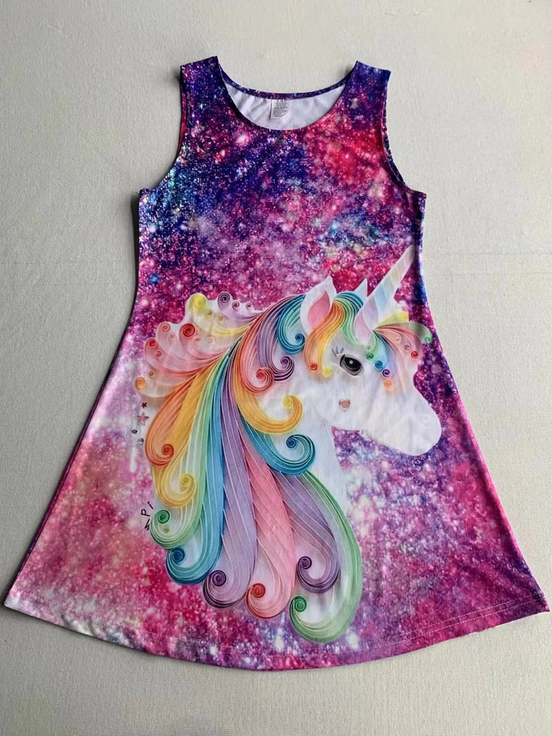 Vestido para meninas , roupas infantis casuais sem mangas com estampa 3d, vestido de princesa unicórnio para meninas de 2 a 7 anos