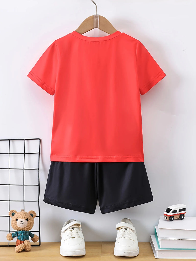 Crianças roupas 2 pçs meninos diversão dos desenhos animados urso impressão, manga curta camiseta e shorts, verão meninos ativos completo olhar elegante - PrimeImpérios