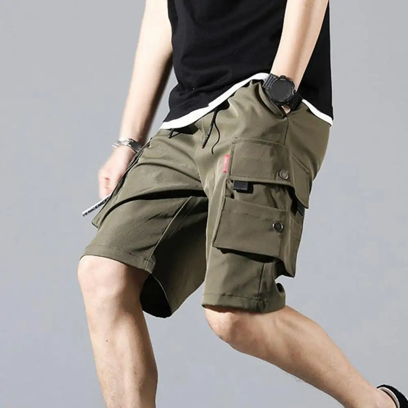 Shorts cargo masculino, cor sólida, vários bolsos, calças curtas, verão, cintura elástica, cordão cargo, shorts casuais masculinos