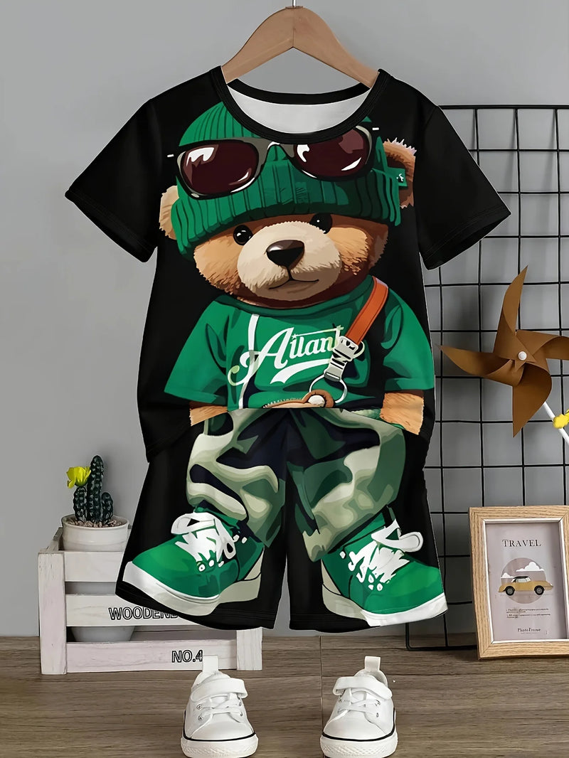 Crianças roupas 2 pçs meninos diversão dos desenhos animados urso impressão, manga curta camiseta e shorts, verão meninos ativos completo olhar elegante - PrimeImpérios