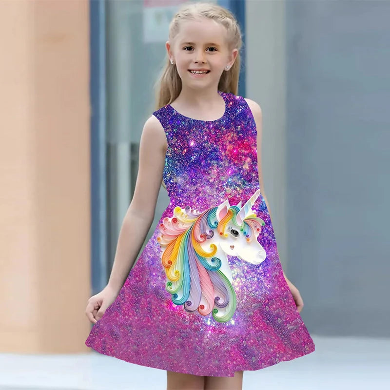 Vestido para meninas , roupas infantis casuais sem mangas com estampa 3d, vestido de princesa unicórnio para meninas de 2 a 7 anos