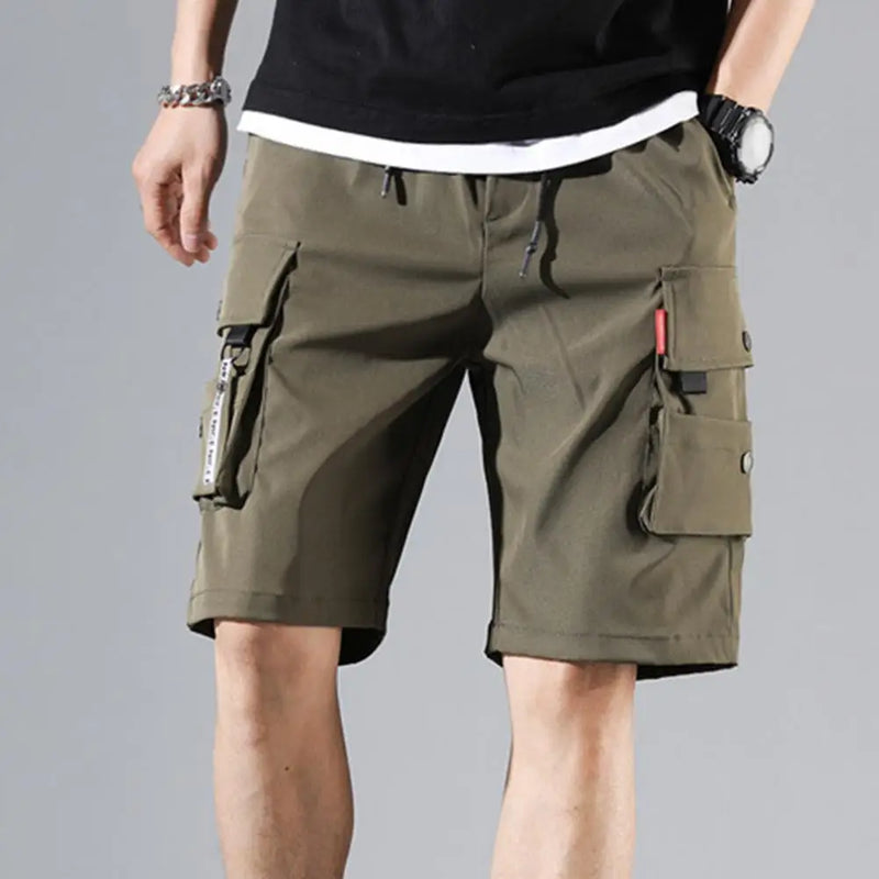 Shorts cargo masculino, cor sólida, vários bolsos, calças curtas, verão, cintura elástica, cordão cargo, shorts casuais masculinos