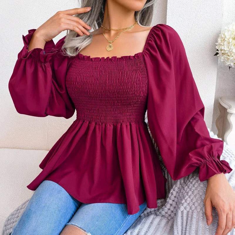 Blusa feminina chiffon, manga comprida casual babados peplum top - PrimeImpérios