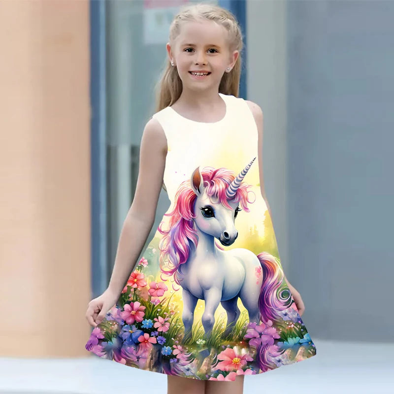 Vestido para meninas , roupas infantis casuais sem mangas com estampa 3d, vestido de princesa unicórnio para meninas de 2 a 7 anos