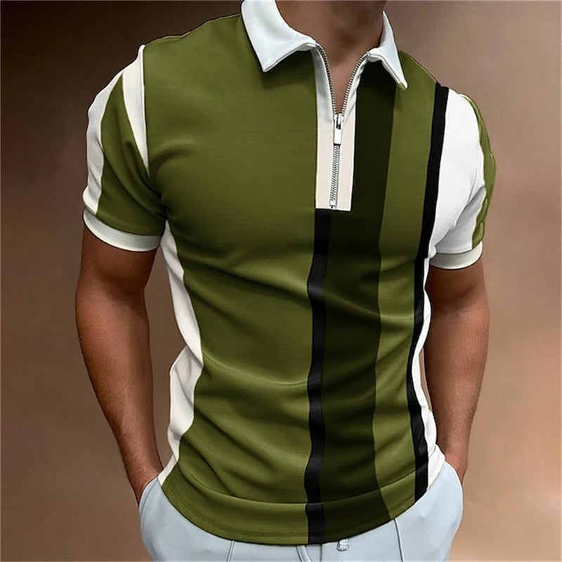 Camisa polo masculina listrada manga curta camiseta masculina respirável tops negócios gola virada para baixo streetwear marca de luxo de alta qualidade - PrimeImpérios