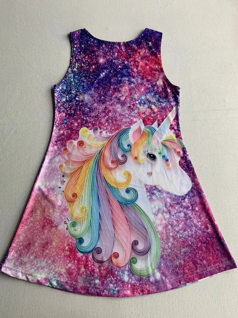 Vestido para meninas , roupas infantis casuais sem mangas com estampa 3d, vestido de princesa unicórnio para meninas de 2 a 7 anos