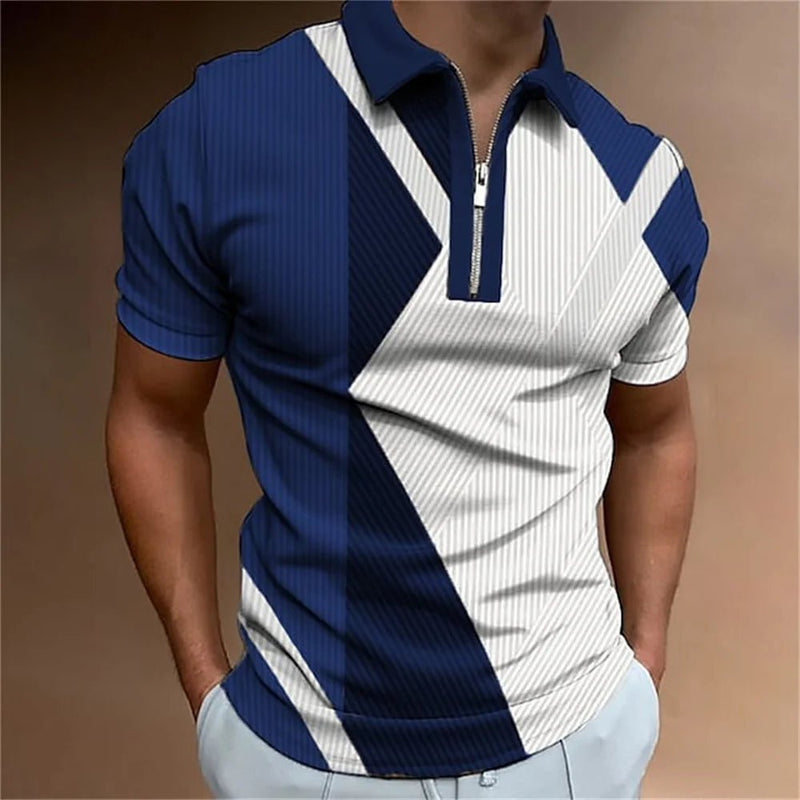 Camisa polo masculina listrada manga curta camiseta masculina respirável tops negócios gola virada para baixo streetwear marca de luxo de alta qualidade - PrimeImpérios