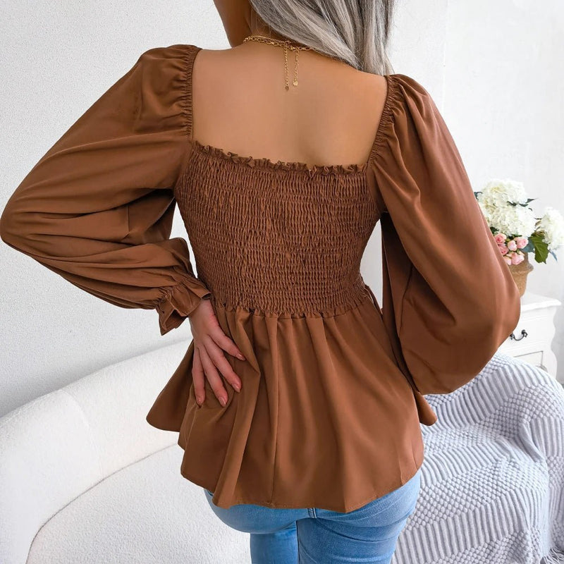 Blusa feminina chiffon, manga comprida casual babados peplum top - PrimeImpérios