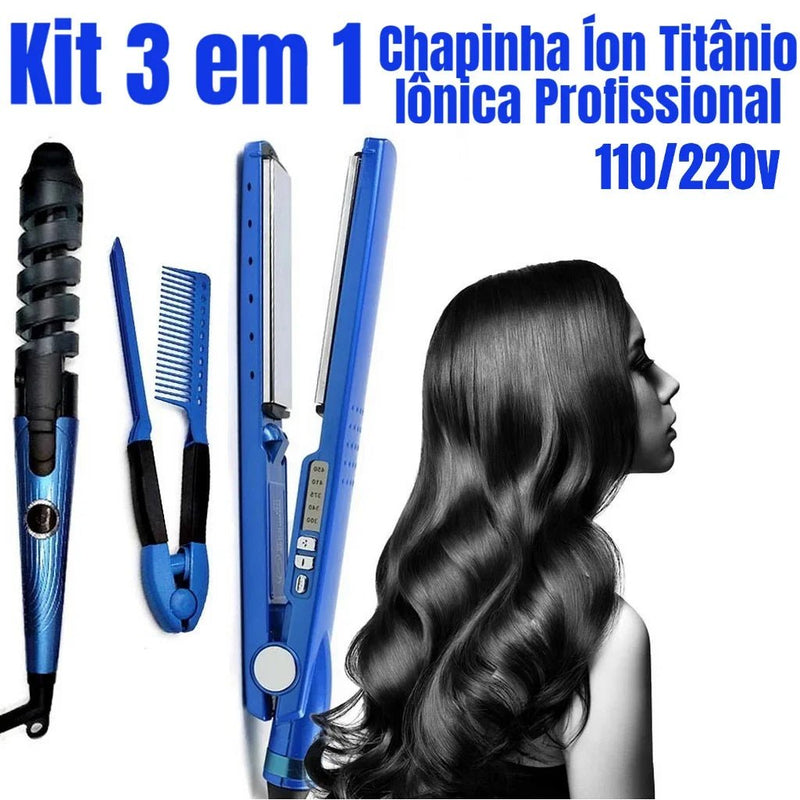 Kit 3 em 1 Prancha Chapinha Íon Titânio Iônica Profissional 450f Prancha de Cabelo 110/220v - PrimeImpérios