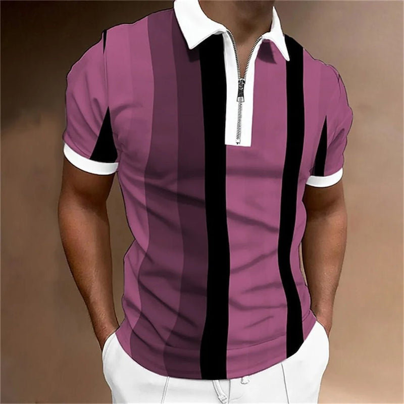 Camisa polo masculina listrada manga curta camiseta masculina respirável tops negócios gola virada para baixo streetwear marca de luxo de alta qualidade - PrimeImpérios