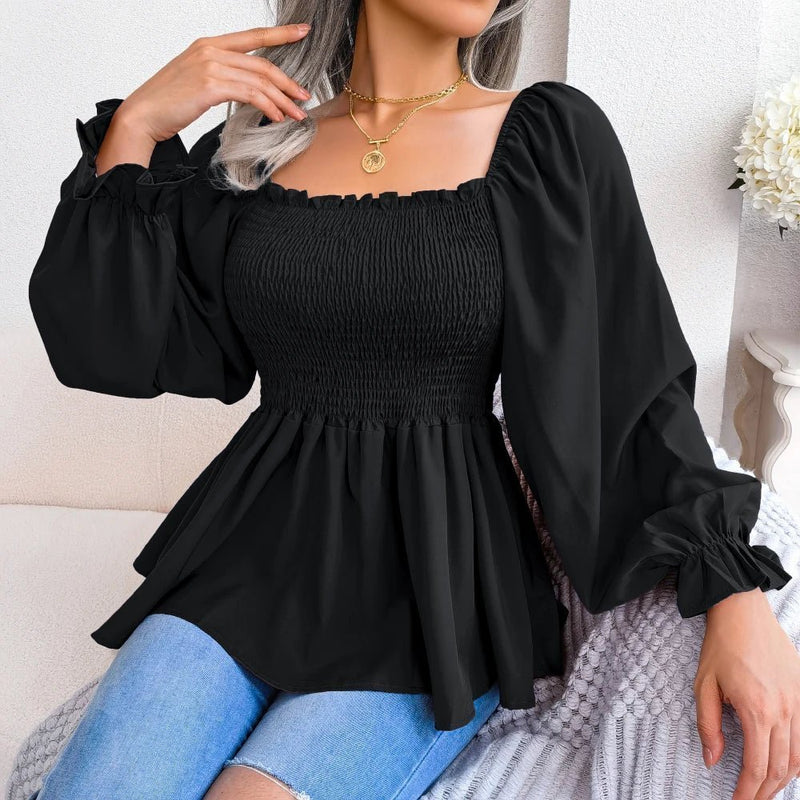 Blusa feminina chiffon, manga comprida casual babados peplum top - PrimeImpérios