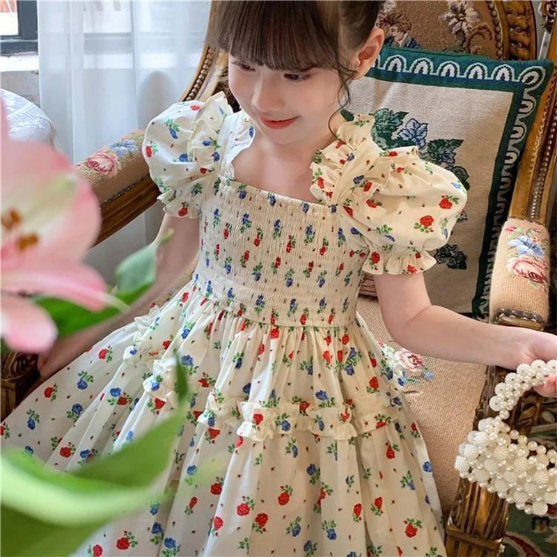 Doce flor meninas vestido de princesa verão puff manga floral menina vestidos casuais nova moda de roupas infantis - PrimeImpérios