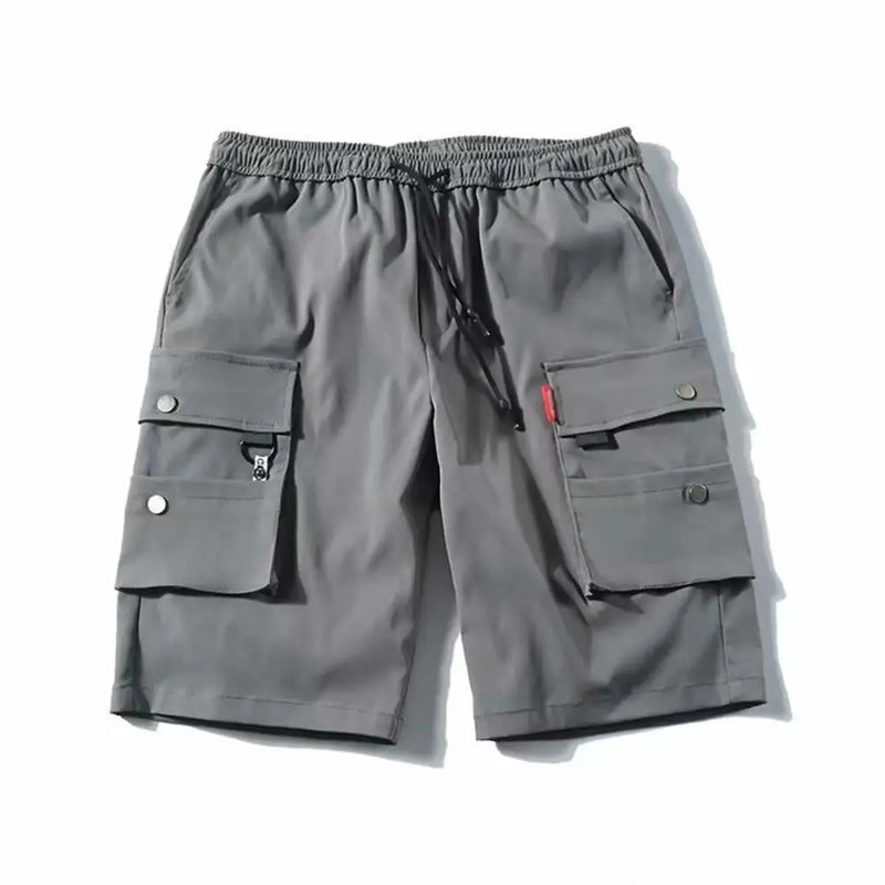 Shorts cargo masculino, cor sólida, vários bolsos, calças curtas, verão, cintura elástica, cordão cargo, shorts casuais masculinos