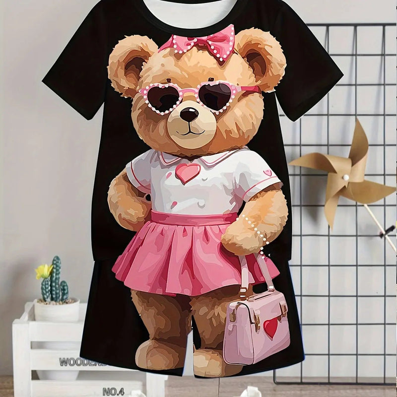 Crianças roupas 2 pçs meninos diversão dos desenhos animados urso impressão, manga curta camiseta e shorts, verão meninos ativos completo olhar elegante - PrimeImpérios