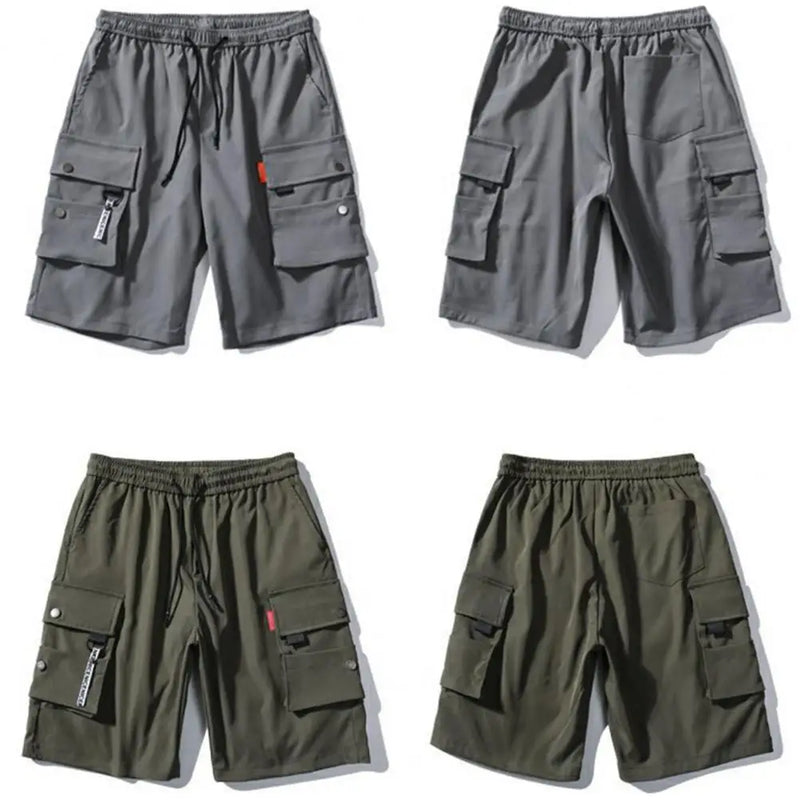 Shorts cargo masculino, cor sólida, vários bolsos, calças curtas, verão, cintura elástica, cordão cargo, shorts casuais masculinos