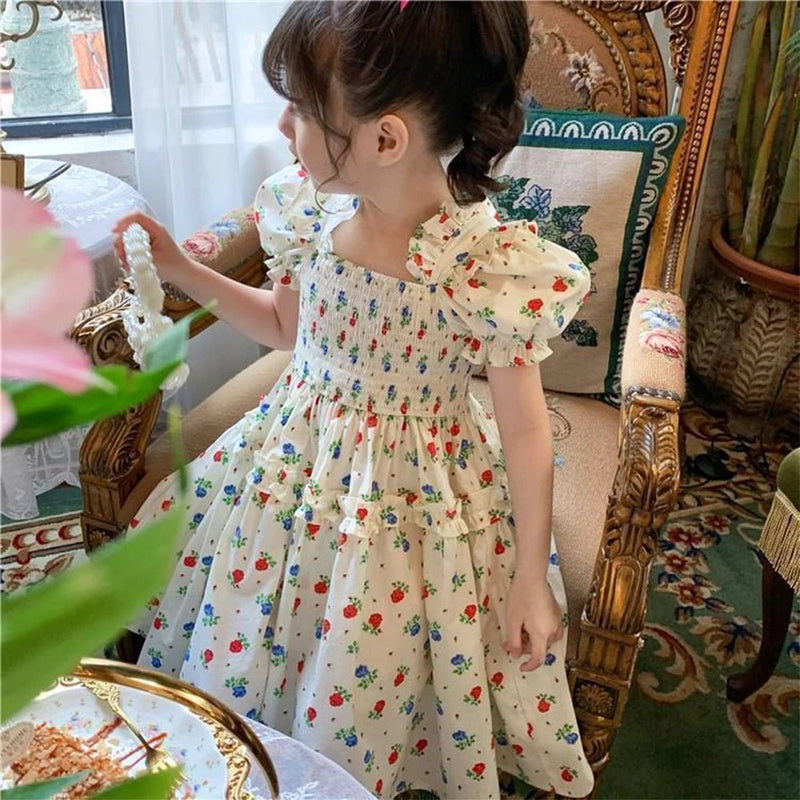 Doce flor meninas vestido de princesa verão puff manga floral menina vestidos casuais nova moda de roupas infantis - PrimeImpérios