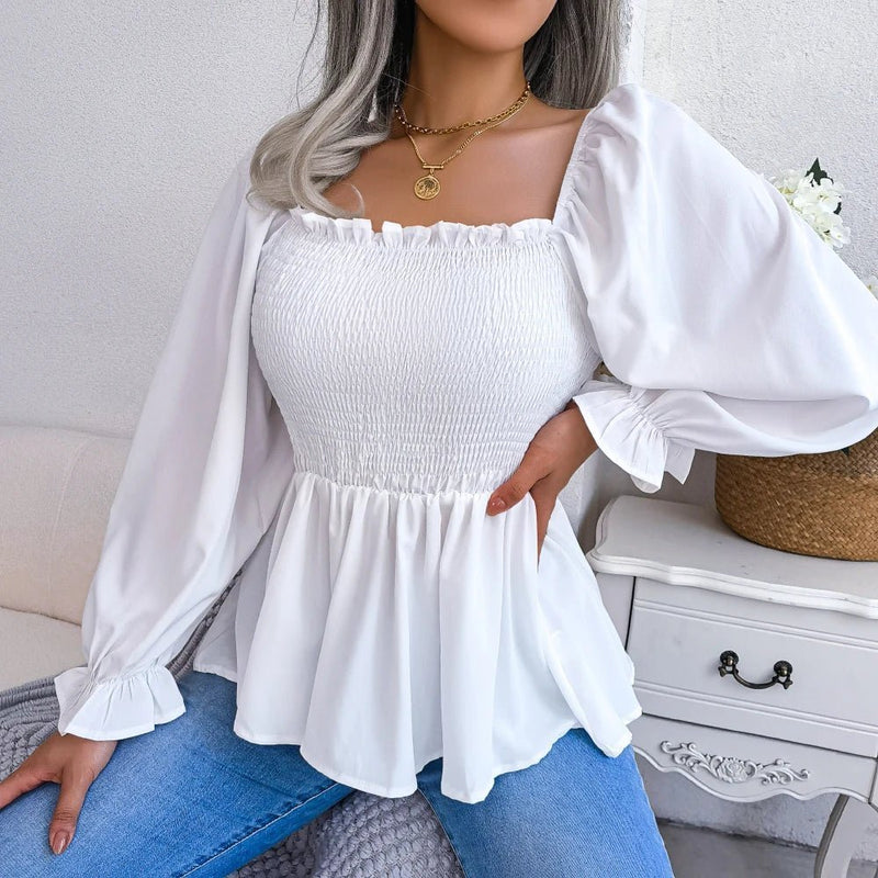 Blusa feminina chiffon, manga comprida casual babados peplum top - PrimeImpérios