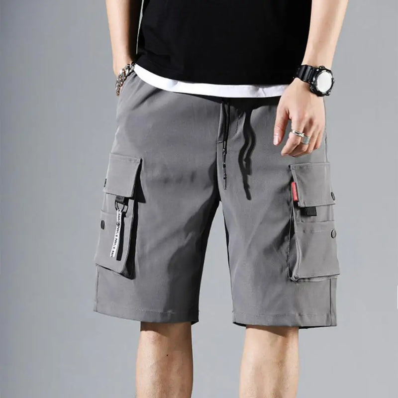 Shorts cargo masculino, cor sólida, vários bolsos, calças curtas, verão, cintura elástica, cordão cargo, shorts casuais masculinos