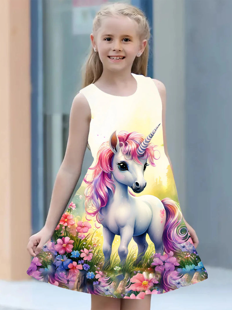 Vestido para meninas , roupas infantis casuais sem mangas com estampa 3d, vestido de princesa unicórnio para meninas de 2 a 7 anos