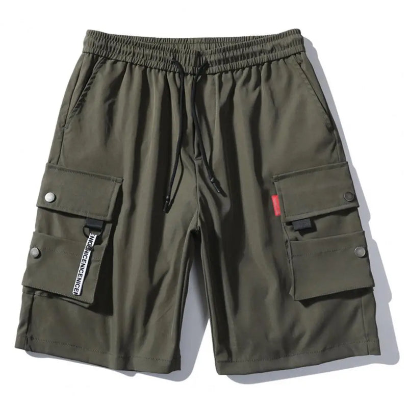 Shorts cargo masculino, cor sólida, vários bolsos, calças curtas, verão, cintura elástica, cordão cargo, shorts casuais masculinos