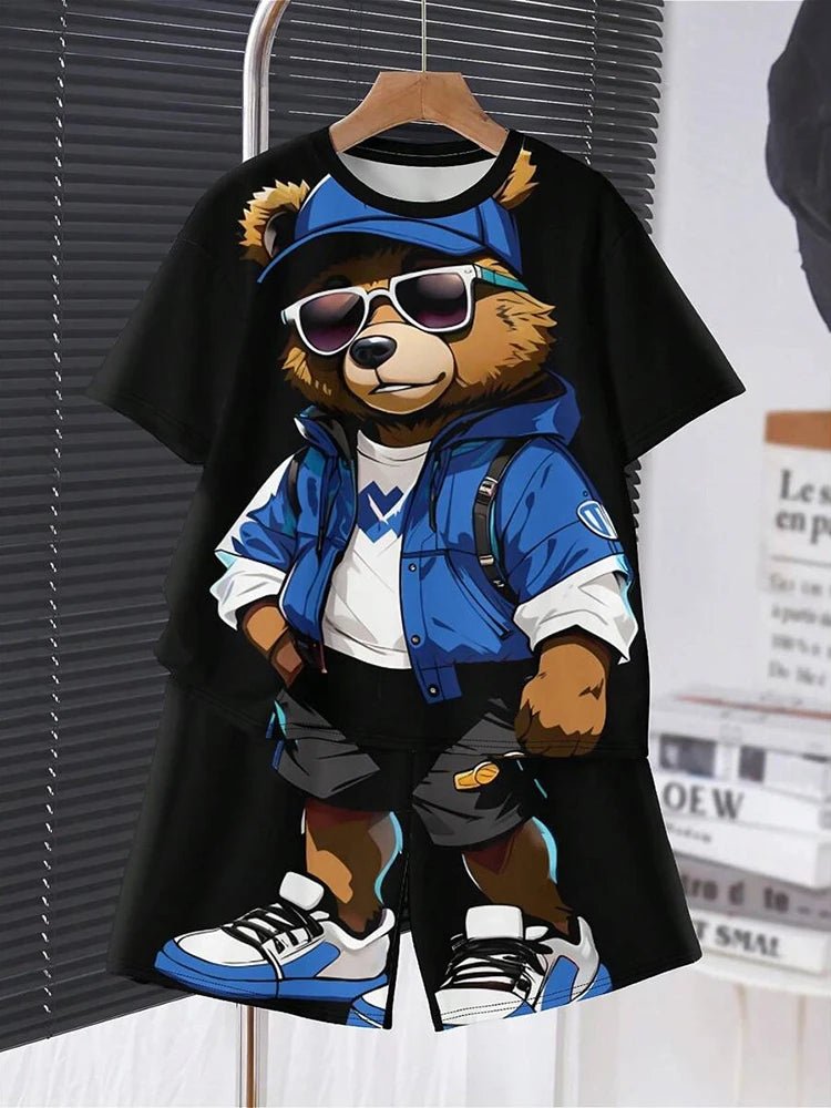 Crianças roupas 2 pçs meninos diversão dos desenhos animados urso impressão, manga curta camiseta e shorts, verão meninos ativos completo olhar elegante - PrimeImpérios